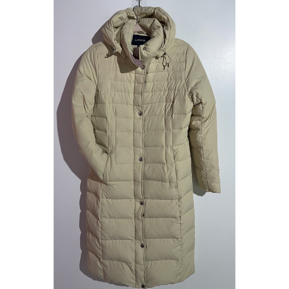 Lands' End Winter Coat Long S Beige Removable Hood Quilted Granola Girl READ